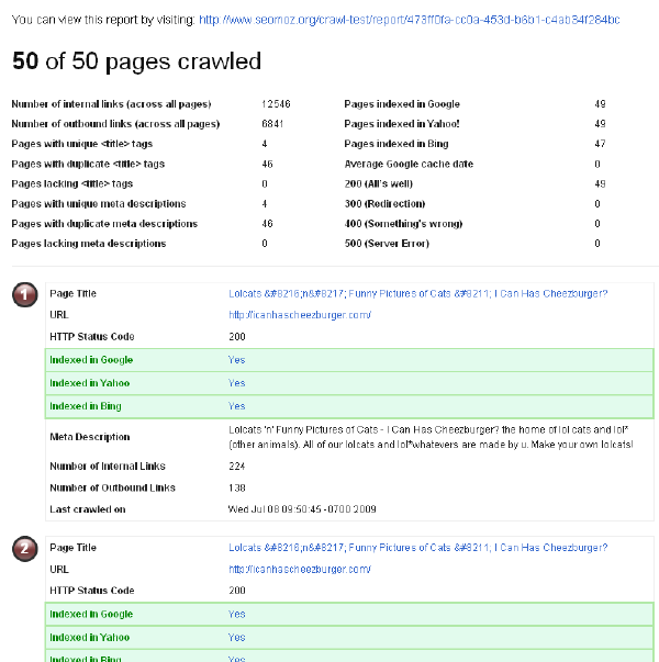 Screenshot of the Google spider crawl test tool. 